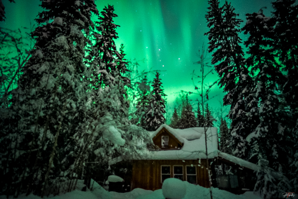 A trapper cabin under a dancing sky